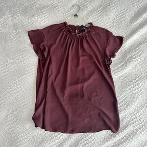 Maroon Satin Ruffle Neck Flutter Sleeve Blouse Women’s Top Size Large